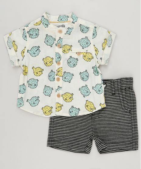 Conjunto-Infantil-Bento-de-Camisa-Estampada-de-Peixe-Manga-Curta-Off-White---Bermuda-Listrada-com-Bolsos-Preta-9164455-Preto_1