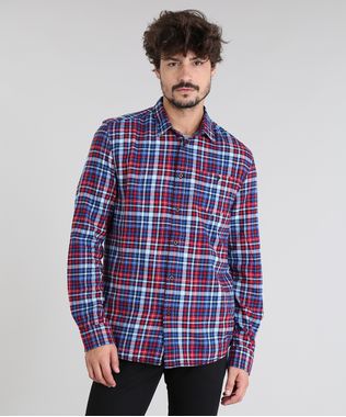 Camisa-Masculina-em-Flanela-Estampada-Xadrez-com-Bolso-Manga-Longa-Azul-Marinho-8448862-Azul_Marinho_1
