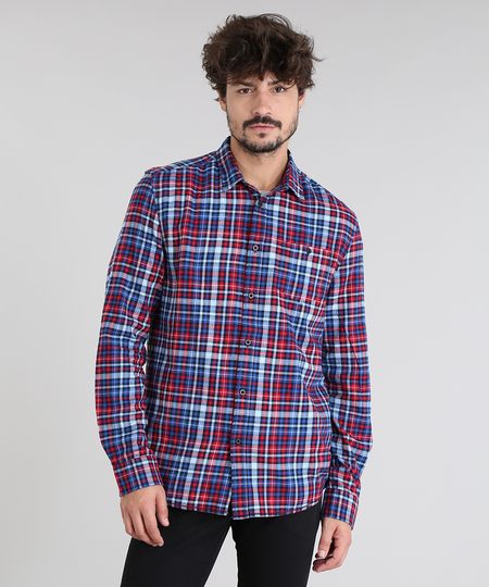 Camisa-Masculina-em-Flanela-Estampada-Xadrez-com-Bolso-Manga-Longa-Azul-Marinho-8448862-Azul_Marinho_1