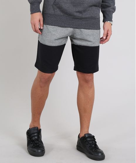Bermuda-Masculina-Relaxed-em-Moletom-Listrada-com-Recorte-Preta-8728025-Preto_1