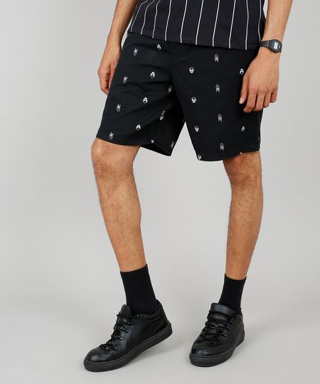 Bermuda-de-Sarja-Masculina-Reta-Estampada-de-Caveiras-com-Bolsos-Preta-9545429-Preto_1