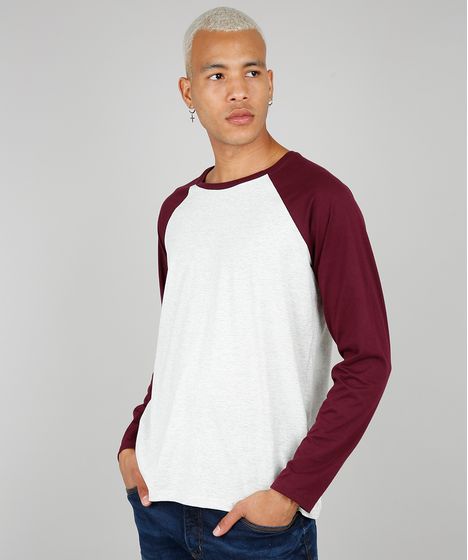 Camiseta Masculina Basica Manga Longa Raglan Gola Careca Cinza