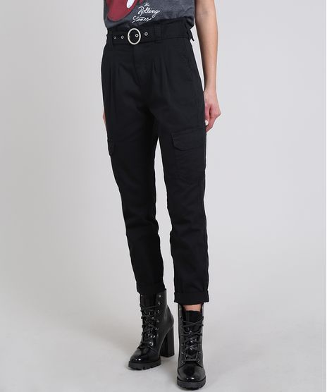 Calca-de-Sarja-Feminina-Jogger-Clochard-Cargo-com-Cinto-Preta-9594588-Preto_1