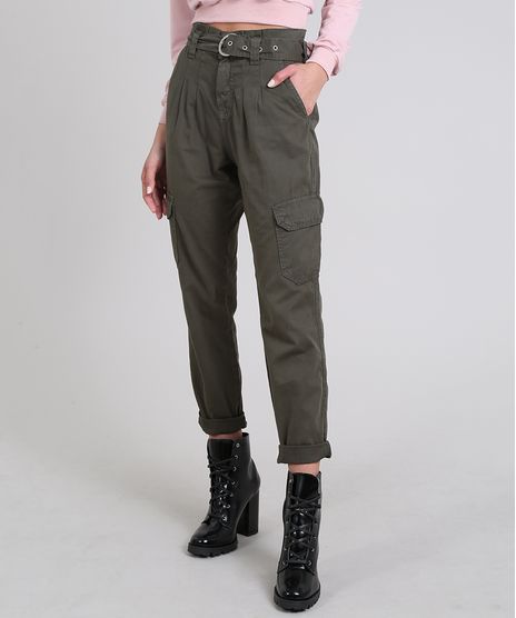 Calca-de-Sarja-Feminina-Jogger-Clochard-Cargo-com-Cinto-Verde-Militar-9594589-Verde_Militar_1