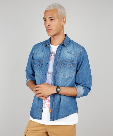Camisa-Jeans-Masculina-com-Bolsos-Manga-Longa-Azul-Medio-9534145-Azul_Medio_1