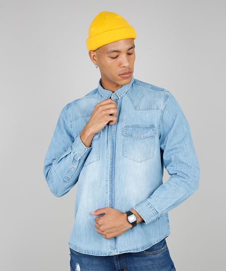 Camisa-Jeans-Masculina-com-Bolsos-Manga-Longa-Azul-Claro-9534144-Azul_Claro_1 Camisa-Jeans-Masculina-com-Bolsos-Manga-Longa-Azul-Claro-9534144-Azul_Claro_1