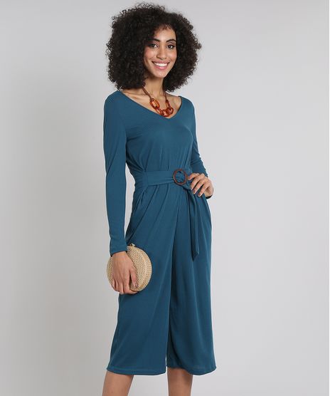 Macacao-Feminino-Pantacourt-Canelado-Manga-Longa-Decote-V-com-Cinto-Verde-Militar-9576257-Verde_Militar_1