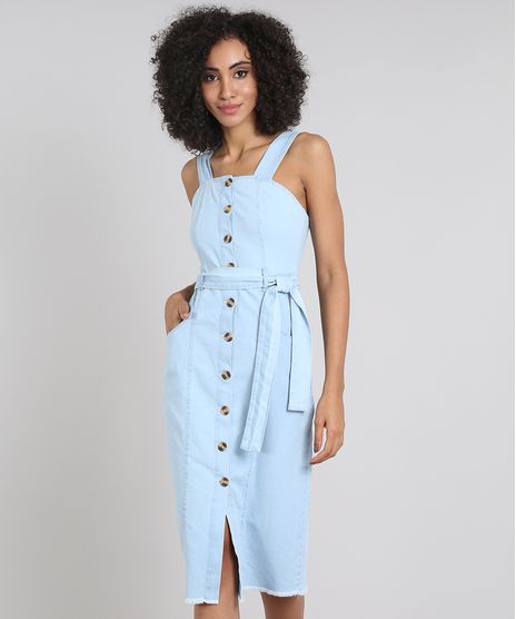 Vestido-Jeans-Feminino-Midi-Barra-Desfiada-com-Botoes-e-Faixa-Azul-Claro-9594629-Azul_Claro_1