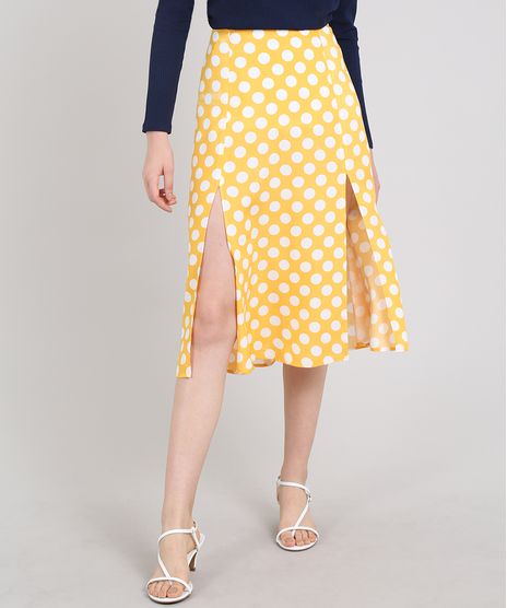 Saia-Feminina-Mindset-Midi-Estampada-de-Poa-com-Fendas-Amarela-9669435-Amarelo_1