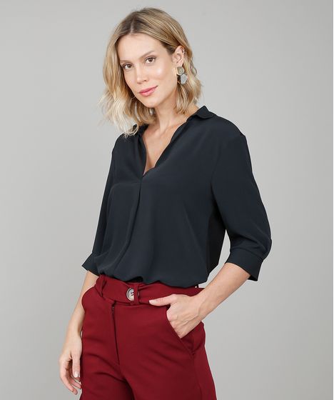 Camisa Feminina Ampla Manga 3 4 Gola Esporte Preta Cea