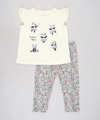 Conjunto-Infantil-de-Blusa-Panda-Sem-Manga-Amarela---Calca-Legging-Estampada-Floral-Off-White-9579055-Off_White_1
