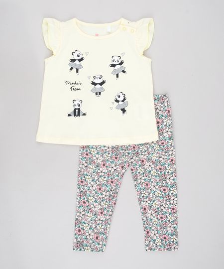 Conjunto-Infantil-de-Blusa-Panda-Sem-Manga-Amarela---Calca-Legging-Estampada-Floral-Off-White-9579055-Off_White_1