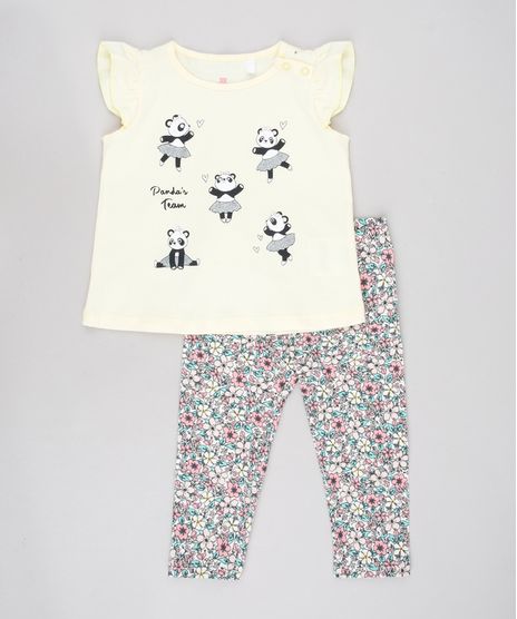 Conjunto-Infantil-de-Blusa-Panda-Sem-Manga-Amarela---Calca-Legging-Estampada-Floral-Off-White-9579055-Off_White_1