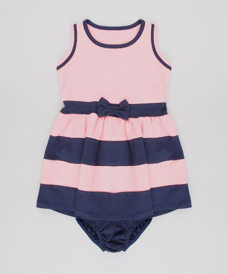 Vestido-Infantil-com-Laco-e-Listras-Sem-Manga-Decote-Redondo---Calcinha-Rosa-9579054-Rosa_1