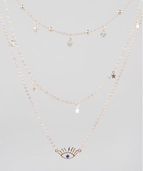 Colar-Feminino-Triplo-Folheado-com-Pingente-de-Olho-Grego-Dourado-9544851-Dourado_1