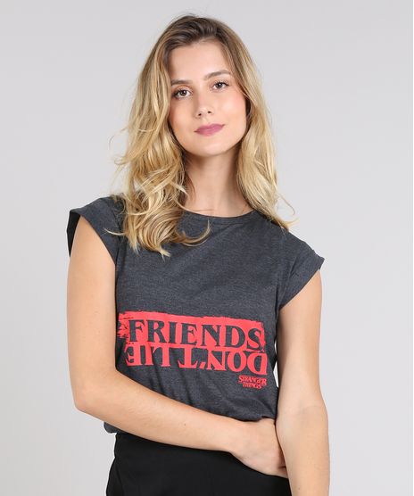 Blusa-Feminina-Stranger-Things--Friends-Don-t-Lie--Manga-Curta-Dobrada-Decote-Redondo-Cinza-Mescla-Escuro-9627775-Cinza_Mescla_Escuro_1