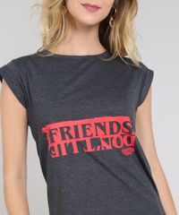 Blusa-Feminina-Stranger-Things--Friends-Don-t-Lie--Manga-Curta-Dobrada-Decote-Redondo-Cinza-Mescla-Escuro-9627775-Cinza_Mescla_Escuro_4