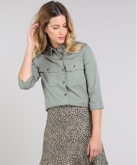 Camisa-de-Sarja-Feminina-com-Bolsos-Manga-Longa-Verde-Militar-9571384-Verde_Militar_1