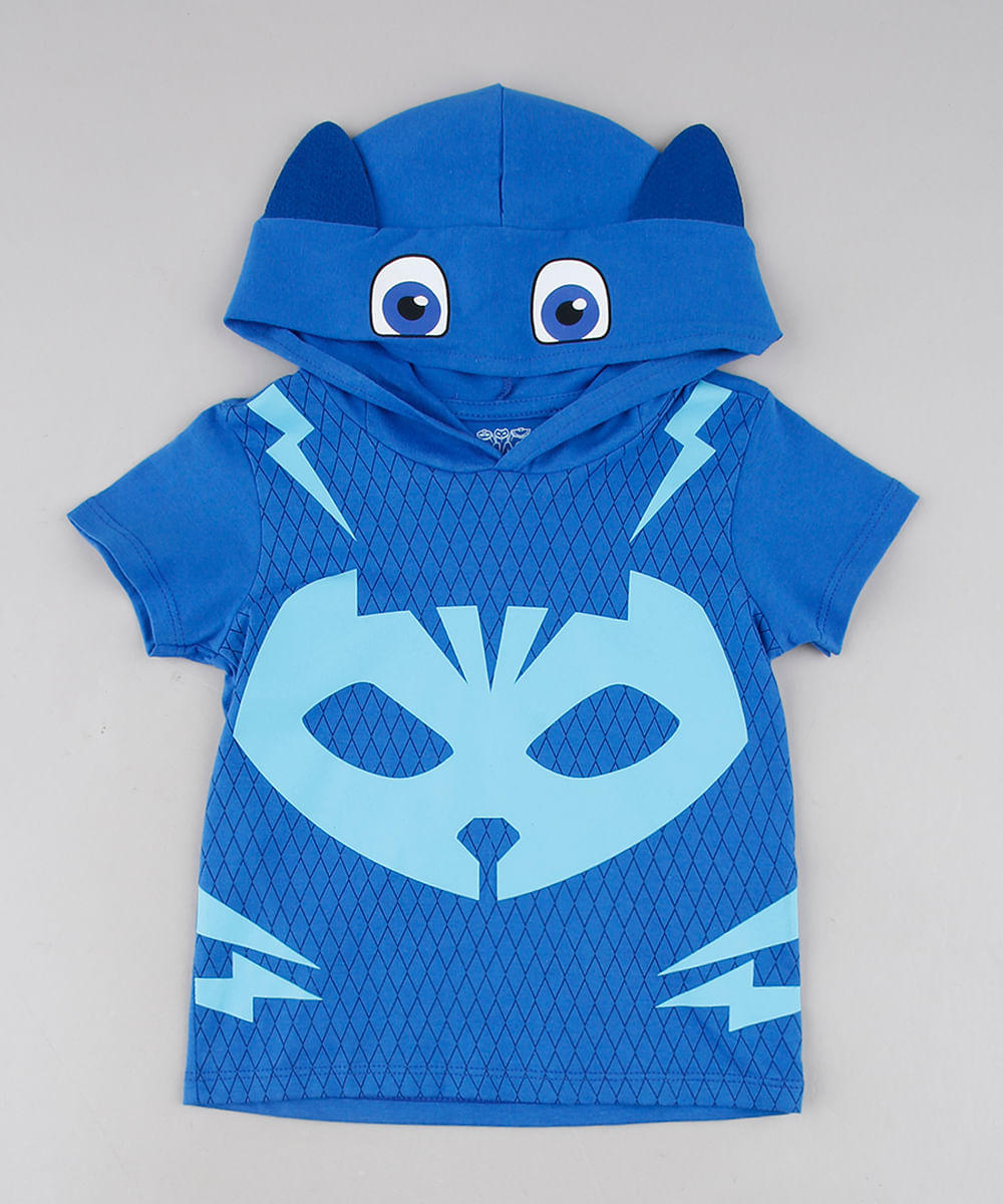Camiseta Infantil Estampada PJ Masks Menino Gato com Capuz Manga Curta Azul