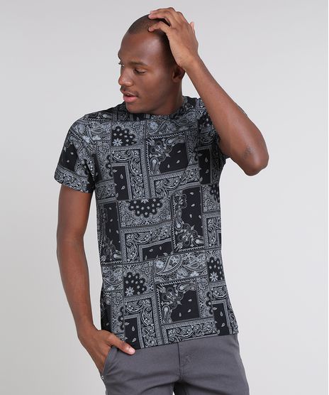 Camiseta-Masculina-Slim-Fit-Estampada-de-Bandana-Manga-Curta-Gola-Careca-Preta-9662885-Preto_1