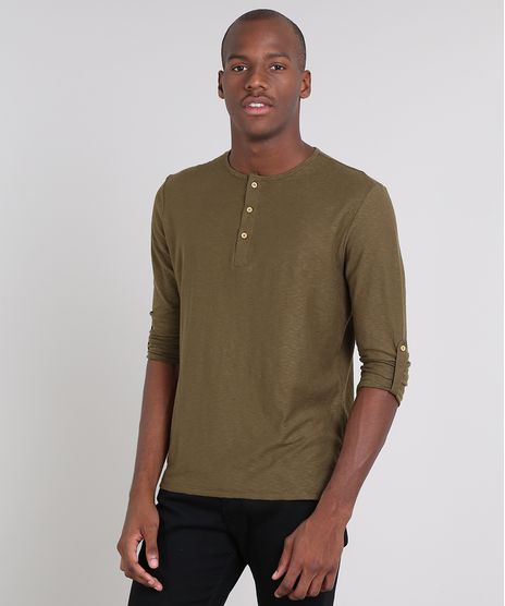 Camiseta-Masculina-com-Botoes-Manga-Longa-Gola-Careca-Verde-Militar-9471102-Verde_Militar_1