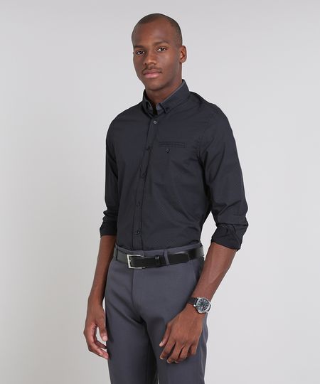 Camisa-Masculina-Comfort-Estampada-Mini-Print-com-Bolso-Manga-Longa-Preta-9438482-Preto_1