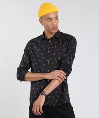 Camisa-Masculina-Mini-Print-Abacaxi-com-Bolso-Manga-Longa-Preta-9514512-Preto_1