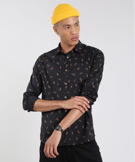 Camisa-Masculina-Mini-Print-Abacaxi-com-Bolso-Manga-Longa-Preta-9514512-Preto_1
