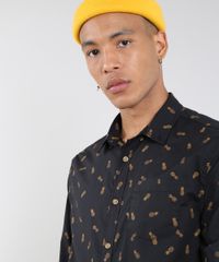 Camisa-Masculina-Mini-Print-Abacaxi-com-Bolso-Manga-Longa-Preta-9514512-Preto_4