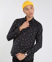 Camisa-Masculina-Mini-Print-Abacaxi-com-Bolso-Manga-Longa-Preta-9514512-Preto_5