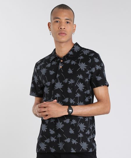 Polo-Masculina-em-Piquet-Estampada-Coqueiros-Manga-Curta-Preta-9268549-Preto_1