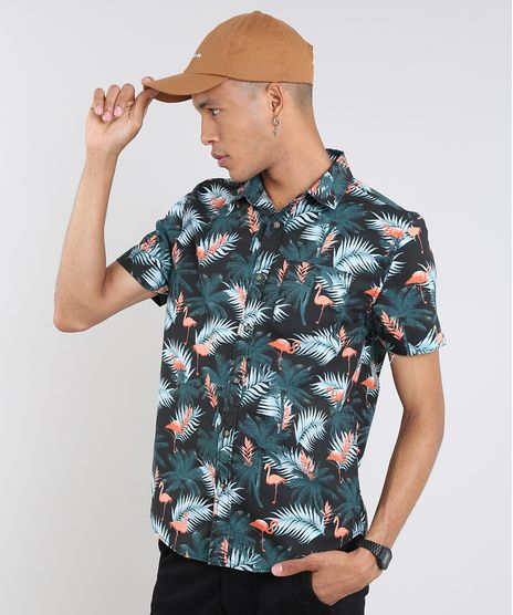 Camisa-Masculina-Estampada-de-Flamingos-Tropical-Manga-Curta-Preta-9514518-Preto_1