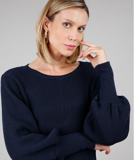 Sueter Feminino Em Trico Manga Bufante Azul Marinho Cea
