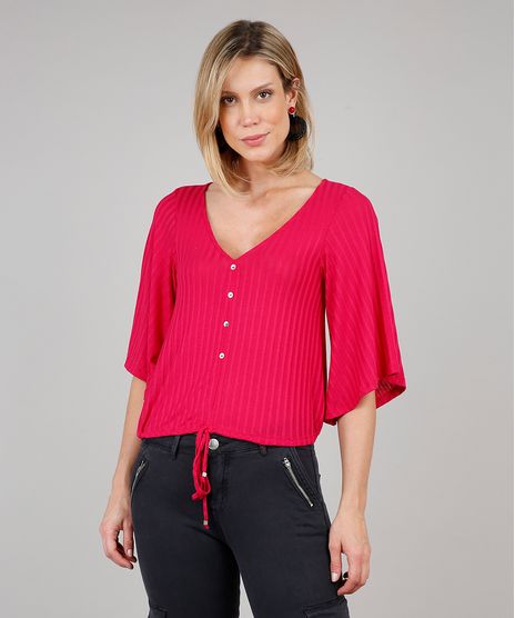Blusa-Feminina-com-Botoes-e-Cordao-Manga-Curta-Decote-V-Rosa-9627762-Rosa_1