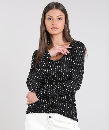 Blusa-Feminina-Estampada-Geometrico-com-Botoes-Manga-Longa-Preta-9609658-Preto_1