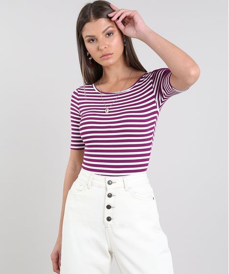 Body Feminino Basico Listrado Com Vazado Manga Curta Decote