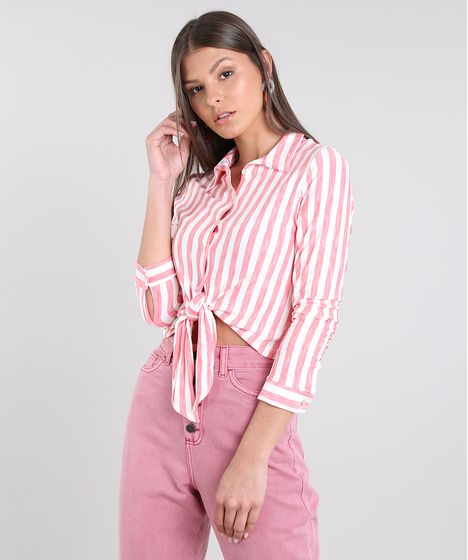 Camisa Feminina Cropped Listrada Com No Manga Longa Off White Cea