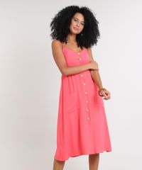 Vestido-Feminino-Midi-com-Bolso-e-Botoes-Coral-9569789-Coral_1