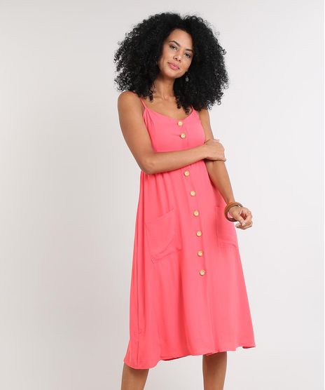 Vestido-Feminino-Midi-com-Bolso-e-Botoes-Coral-9569789-Coral_1