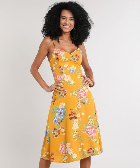 Vestido-Feminino-Midi-Estampado-Floral-com-Franzido-Decote-V-Mostarda-9608166-Mostarda_1