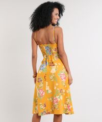 Vestido-Feminino-Midi-Estampado-Floral-com-Franzido-Decote-V-Mostarda-9608166-Mostarda_2