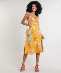 Vestido-Feminino-Midi-Estampado-Floral-com-Franzido-Decote-V-Mostarda-9608166-Mostarda_3