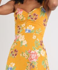 Vestido-Feminino-Midi-Estampado-Floral-com-Franzido-Decote-V-Mostarda-9608166-Mostarda_4