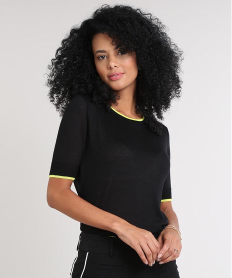 Blusa-Feminina-Bicolor-em-Trico-Manga-Curta-Decote-Redondo-Preta-9601728-Preto_1