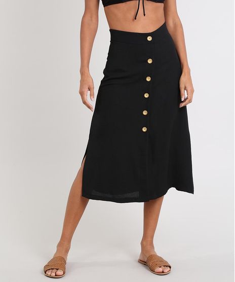 Saia-Feminina-Midi-com-Botoes-e-Fenda-Preta-9591135-Preto_1