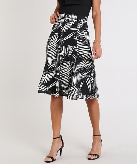 Saia-Feminina-Midi-Estampada-de-Folhagem-com-Fenda-Preta-9546990-Preto_1