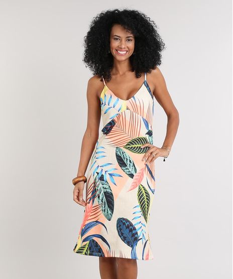 Vestido-Feminino-Curto-Estampado-de-Folhagens-Alca-Fina-Bege-9610362-Bege_1
