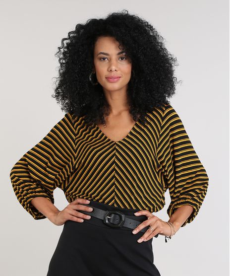 Blusa-Feminina-Ampla-Listrada-Manga-7-8-Decote-V-Preta-9613973-Preto_1