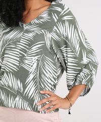 Blusa-Feminina-Ampla-Estampada-de-Folhagem-Manga-7-8-Decote-V-Verde-Militar-9613974-Verde_Militar_4