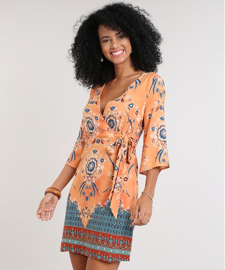 Vestido-Feminino-Estampado-Etnico-Transpassado-Manga-Curta-Decote-V-Laranja-9538443-Laranja_1